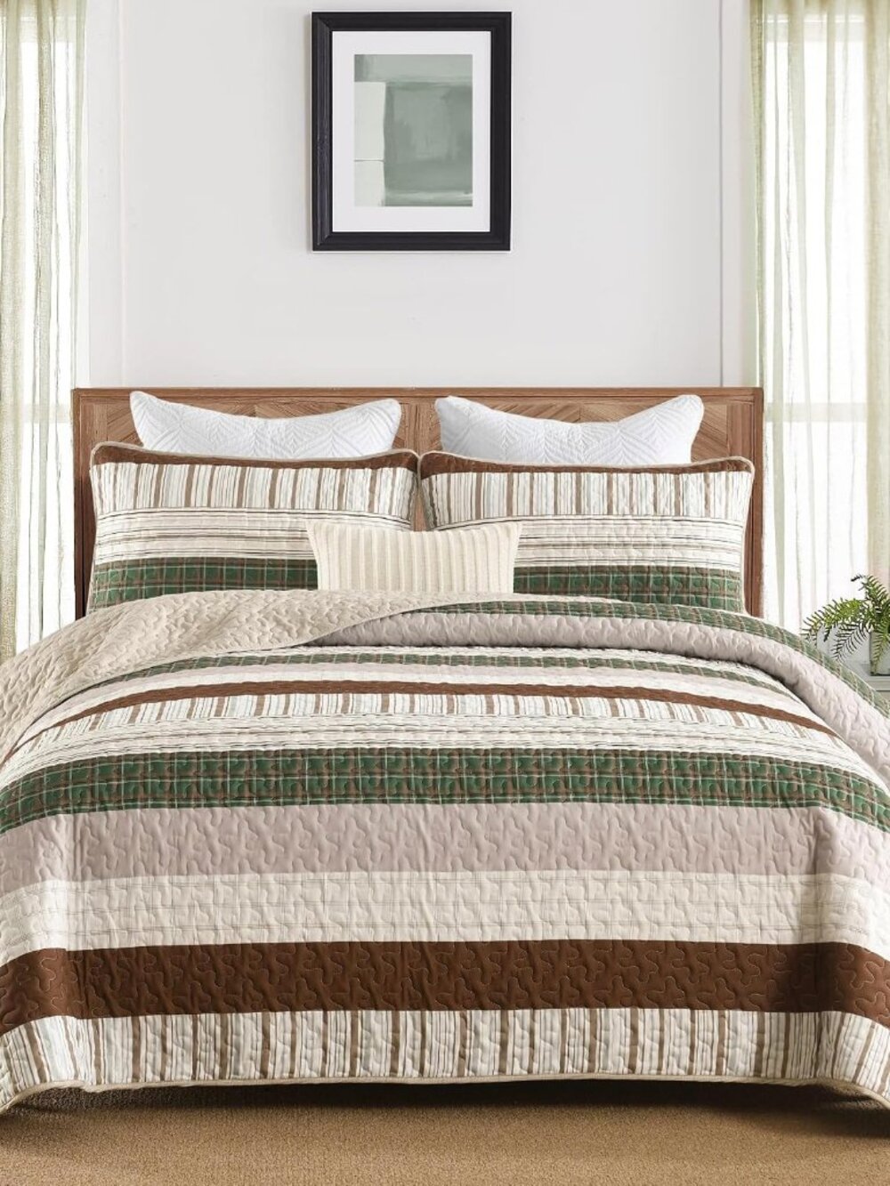Striped Quilt Set Queen Size Brown Green Boho Patchwork Bedding Set